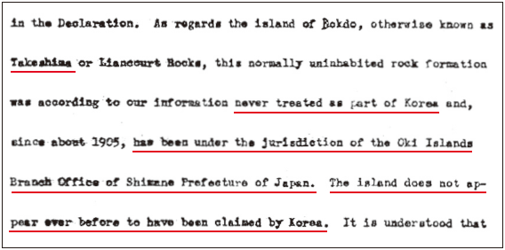 Rejection of the Republic of Korea’s claims: In the Letter from the then
United States Assistant Secretary of State for Far Eastern Affairs, Dean Rusk,
of August 1951.(copy)